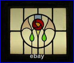 OLD ENGLISH LEADED STAINED GLASS WINDOW Lovely Rose in Circle Design 22 x 19