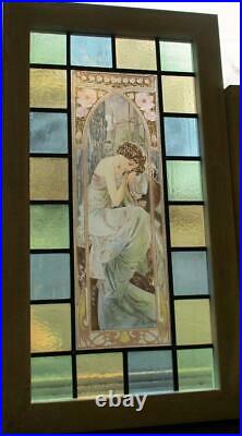OLD ENGLISH LEADED STAINED GLASS WINDOW. Painted Art Nouveau Lady 14.75 x 26.5