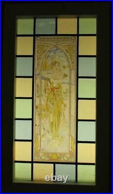 OLD ENGLISH LEADED STAINED GLASS WINDOW. Painted Art Nouveau Lady 14.75 x 26.5