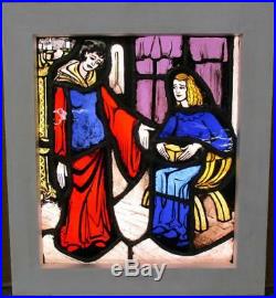 OLD ENGLISH LEADED STAINED GLASS WINDOW Painted Medieval Women 15.5 x 17.5