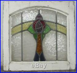 OLD ENGLISH LEADED STAINED GLASS WINDOW Pretty Arched Rose 19 w x 18 h