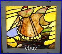 OLD ENGLISH LEADED STAINED GLASS WINDOW Pretty Ship 18.5 x 17