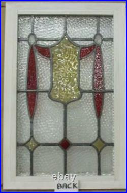 OLD ENGLISH LEADED STAINED GLASS WINDOW Shield w Drops & Jewels 15.75 x 24.5