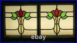 OLD ENGLISH LEADED STAINED GLASS WINDOW TRANSOM Double Flower 34 x 17.25
