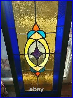 OLD ENGLISH LEADED STAINED GLASS WINDOW TRANSOM PURPLE & COBOLT 40 x 16