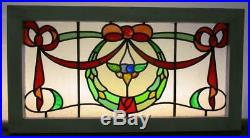 OLD ENGLISH LEADED STAINED GLASS WINDOW TRANSOM Stunning Wreath/Bow 37 x 19.75