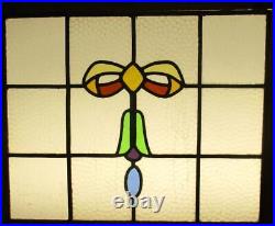OLD ENGLISH LEADED STAINED GLASS WINDOW Unframed w Hooks Cute Bow 20.75 x 17.5