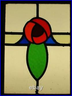 OLD ENGLISH LEADED STAINED GLASS WINDOW Unframed w Hooks Rose 9 x 12.25