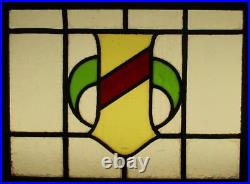 OLD ENGLISH LEADED STAINED GLASS WINDOW Unframed w Hooks Shield 18.5 x 14