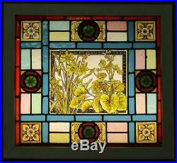 OLD ENGLISH LEADED STAINED GLASS WINDOW Victorian HP Floral 21.75 x 20