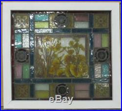 OLD ENGLISH LEADED STAINED GLASS WINDOW Victorian HP Floral 21.75 x 20