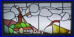 OLD ENGLISH LEADED STAINED GLASS WINDOW WINDMILL SCENE TRANSOM 43 1/2 x 21 1/4