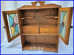 Oak Wall Hanging or Table Top Smokers Tobacco Pipe Cabinet Cupboard Leaded Glass