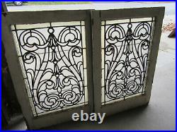 PAIR ANTIQUE STAINED GLASS WINDOWS ORNATE 20 x 30 ARCHITECTURAL SALVAGE