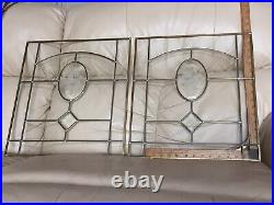Pair 2 Vintage Beveled Glass Window Panel Etched Frosted Rose Motif Leaded Brass