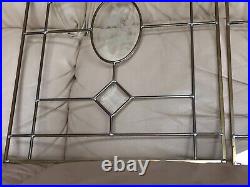 Pair 2 Vintage Beveled Glass Window Panel Etched Frosted Rose Motif Leaded Brass