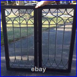 Pair ANTIQUE LEADED GLASS DOORS with JEWEL China Closet or Library Bookcase