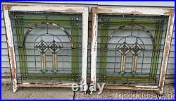 Pair Antique 1920's Chicago Bungalow Style Stained Leaded Glass Window 34 x 30