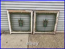 Pair Antique 1920's Chicago Bungalow Style Stained Leaded Glass Windows 34x32