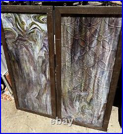 Pair Antique American Stained Glass Windows- Patterned Texture & Swirl Glass