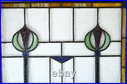 Pair Antique Art Nouveau Deco Stained Glass Windows Scepters Stylized Flowers