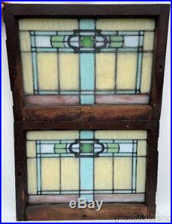 Pair Antique Chicago Arts & Crafts Stained Leaded Glass Transom Window 32x23