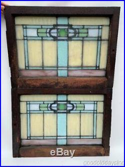 Pair Antique Chicago Arts & Crafts Stained Leaded Glass Transom Window 32x23