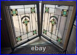 Pair Antique Chicago Bungalow Stained Leaded Glass Window Circa 1925 34 x 28