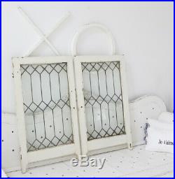 Pair Antique Leaded Glass Ornate Wood Cabinet Pantry Doors Windows Cottage Chic