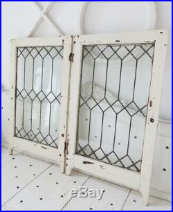 Pair Antique Leaded Glass Ornate Wood Cabinet Pantry Doors Windows Cottage Chic