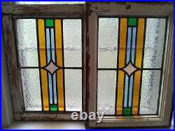 Pair Antique Stained Glass Prairie School Windows In Original Casings