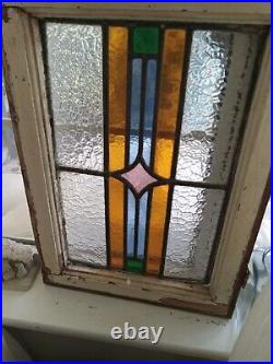 Pair Antique Stained Glass Prairie School Windows In Original Casings