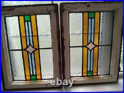 Pair Antique Stained Glass Prairie School Windows In Original Casings