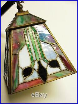 Pair Antique Stickley Era Mission Arts & Crafts Leaded Glass Shades Lights Lamps