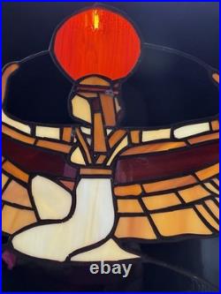 Pair Egyptian Revival Stained Glass Panels Winged Goddess Isis Art Deco Style