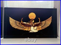 Pair Egyptian Revival Stained Glass Panels Winged Goddess Isis Art Deco Style
