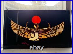 Pair Egyptian Revival Stained Glass Panels Winged Goddess Isis Art Deco Style