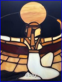 Pair Egyptian Revival Stained Glass Panels Winged Goddess Isis Art Deco Style
