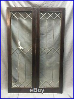 Pair Leaded Glass Diamond Casement Door Bookshelf Cabinet 16x48 Vtg Old 130-18C