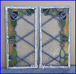 Pair, OLD ENGLISH STAINED GLASS WINDOWS'FLORAL VINES' 17 1/4W x 8 3/4T