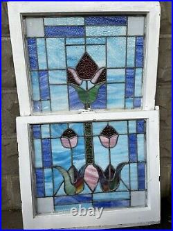 Pair Of Large Antique Victorian Stained Leaded Glass Arts & Crafts TULIP Window