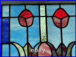 Pair Of Large Antique Victorian Stained Leaded Glass Arts & Crafts TULIP Window