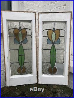 Pair Of Stained Leaded Light Glass Wooden Windows