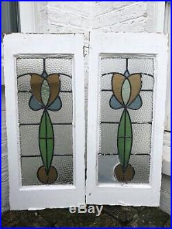 Pair Of Stained Leaded Light Glass Wooden Windows