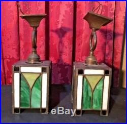 Pair Of Vintage Antique Mission Lamps Arts & Crafts Leaded Glass Hanging Lights