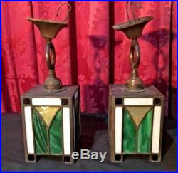 Pair Of Vintage Antique Mission Lamps Arts & Crafts Leaded Glass Hanging Lights