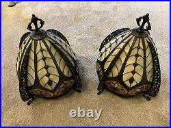 Pair Vintage Stained/ Leaded Glass Lamp Shades Very Cool! Comes With Harp