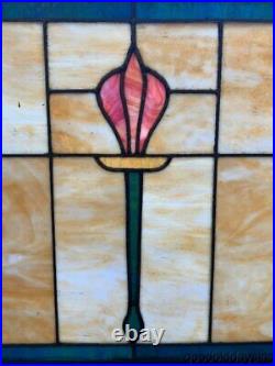 Pair of 1920's Chicago Bungalow Stained Leaded Glass Windows Tulip Torch