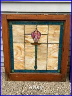 Pair of 1920's Chicago Bungalow Stained Leaded Glass Windows Tulip Torch