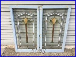 Pair of 1920s Chicago Bungalow Style Stained Leaded Glass Windows / Door 45 25